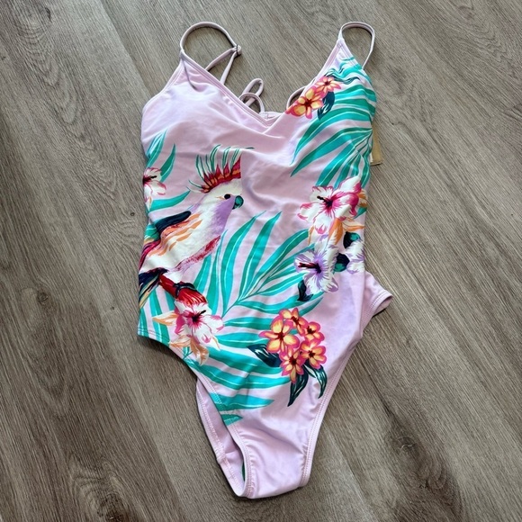 True Craft One Piece Bathing Suit Swim Parrot NEW Tropical Vacation Pink - Picture 2 of 7